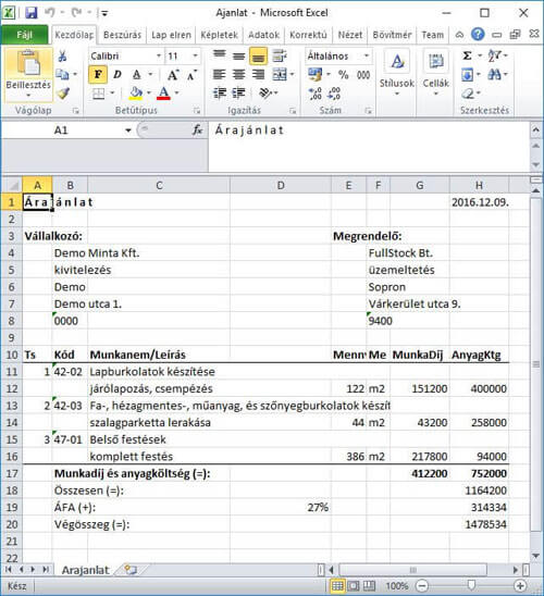 eKovut - Költség menedzsment rendszer - Árajánlat Excel
